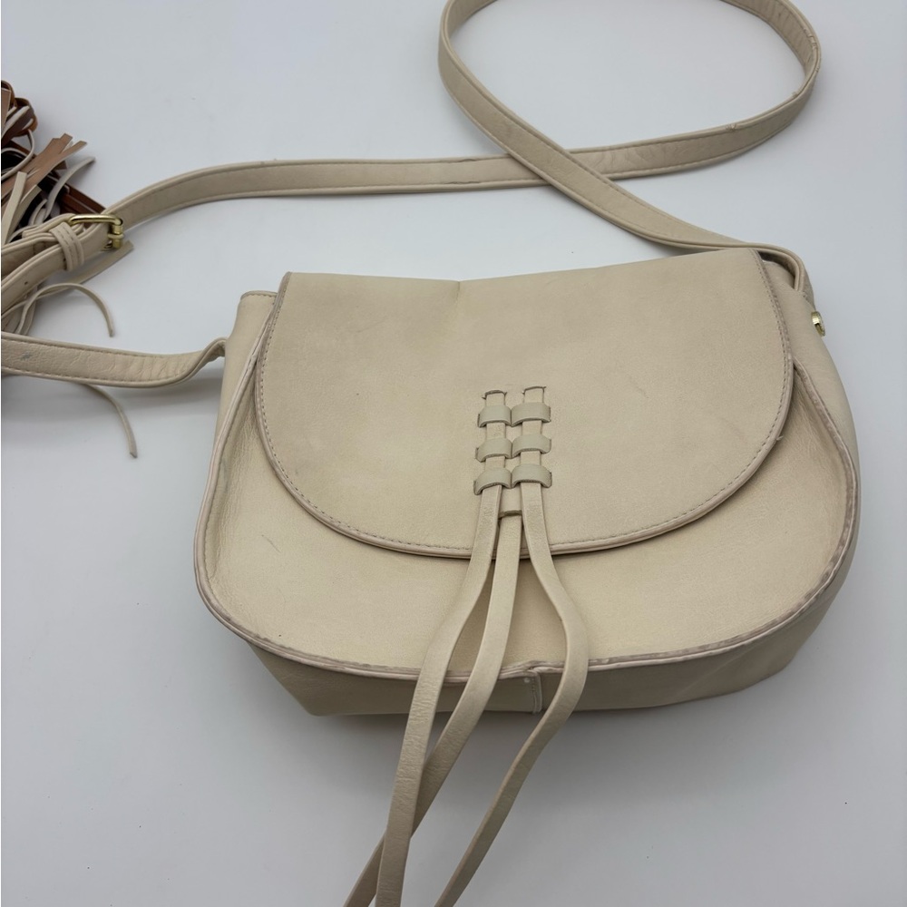 Steve Madden Cream Woven-Trim Crossbody Saddle Bag
